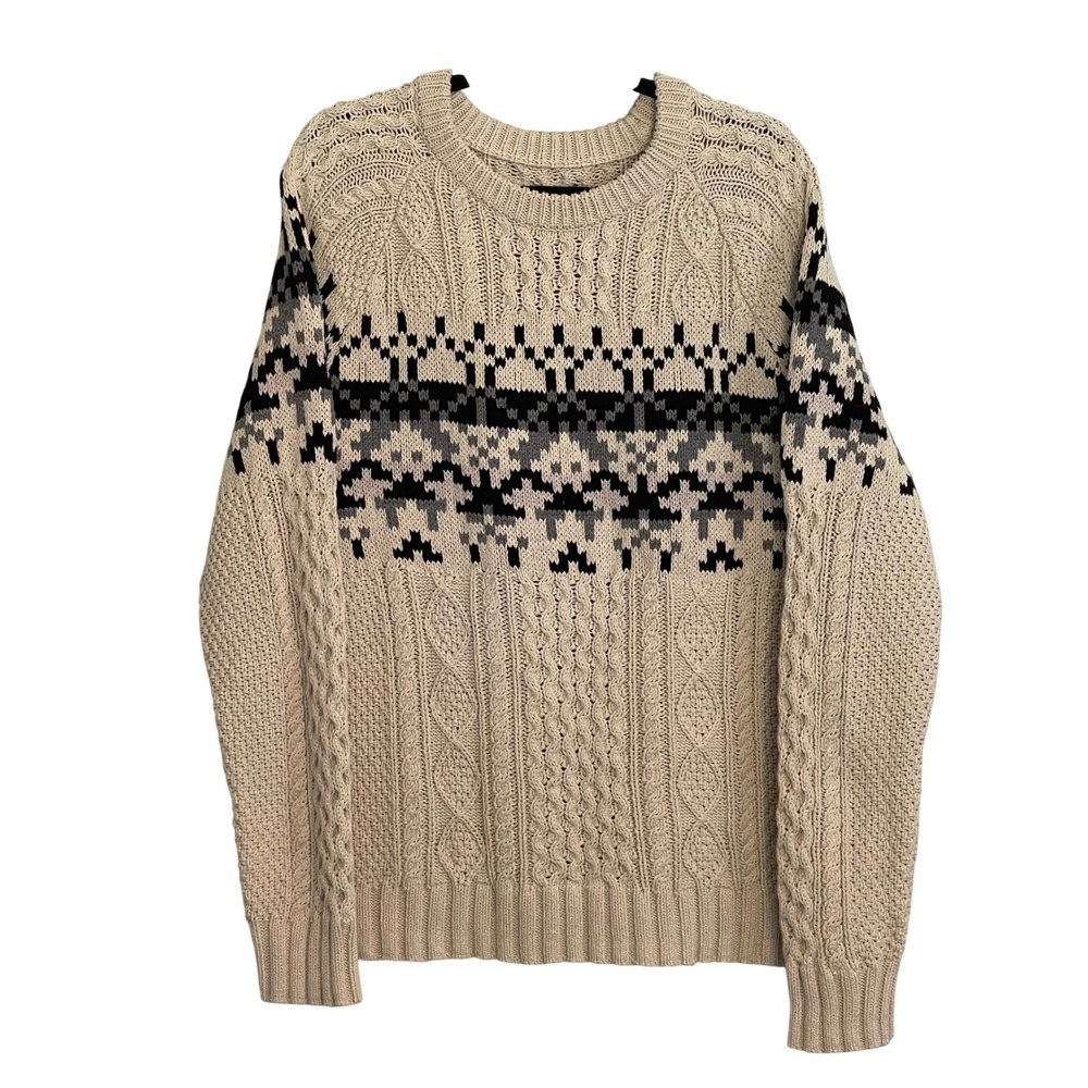 LL Bean Signature Mens Large Cream Fair Isle Cable Knit‎ Cotton Sweater 510953